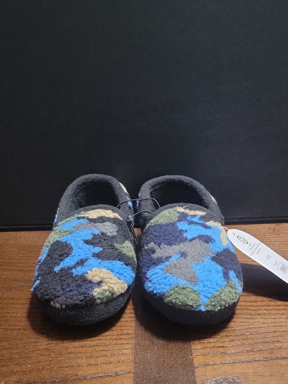 Kids' Cozy Camo Fleece Slip-On Slippers - Blue & Green.  T16